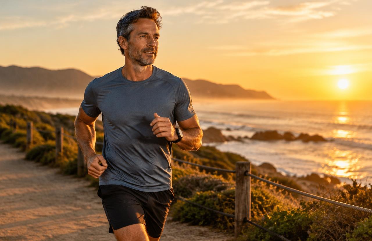 Active man in his 40s jogging at sunrise